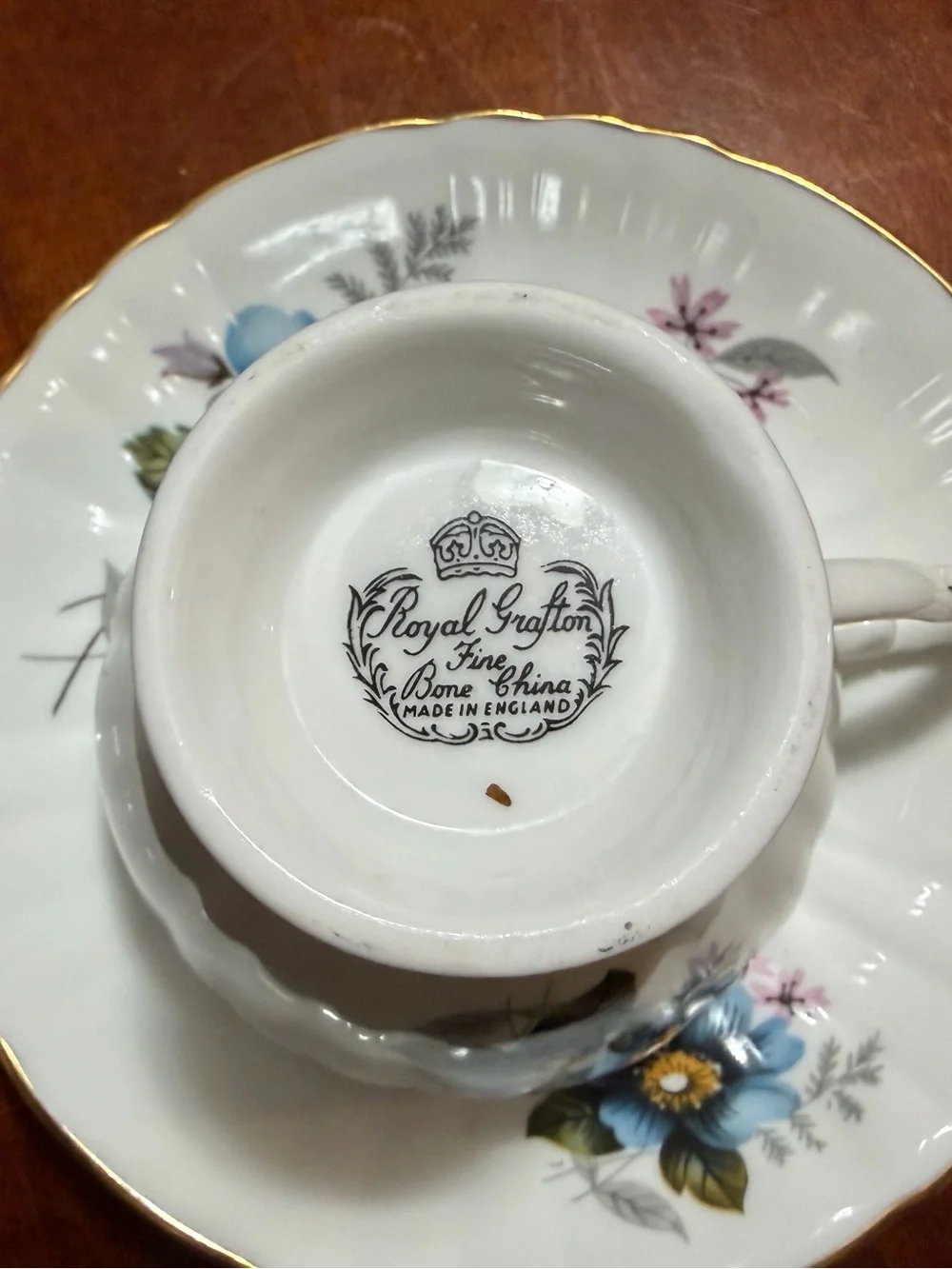 Blue Floral Bone China Teacup & Saucer with Gold Trim